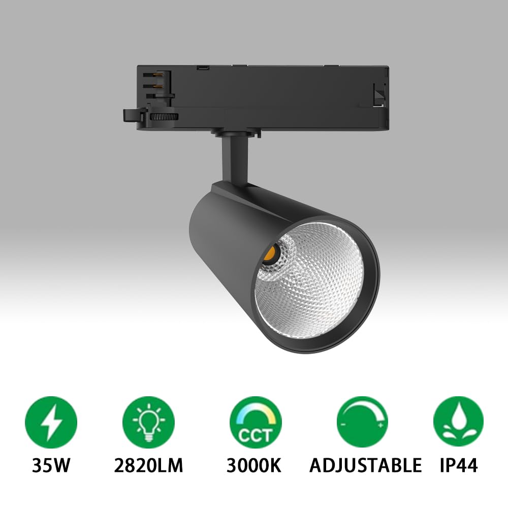 Spot sur Rail à LED 30 Watts Triphasé à 4 Fils Rotatif et Pivotant 3000K Blanc Chaud 2800lm Plafonnier en Aluminium pour Système de Rail d'Éclairage Intérieur Noir