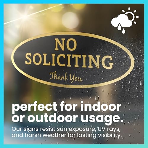 Image of ExcelMark No Soliciting Sign for House or Business - Durable Indoor /Outdoor Sign - Easily Attach to Front Door - UV and Weather Resistant (Medium - 2.8 inchx 7 inch, Black with Gold Letters)