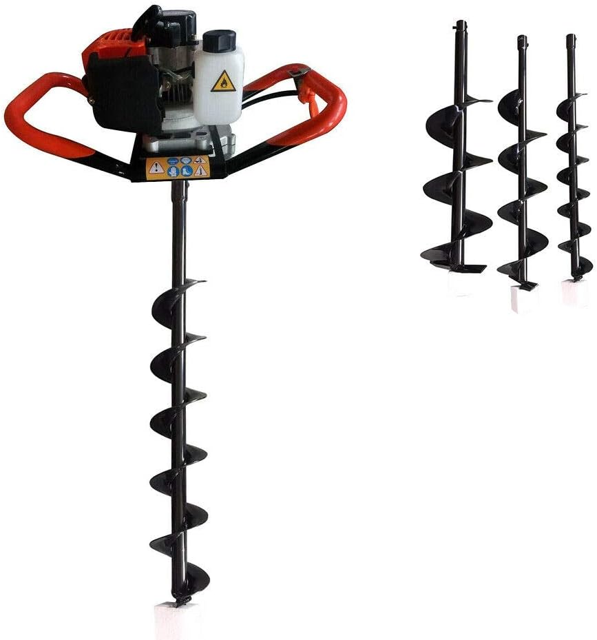 Fence Earth Auger, Petrol Borer 52cc 2-Stroke Post Hole Digger+Drill Bits 4" 6" 8" Bar Single Cylinder Air-Cooled System One Man Fence Earth Auger (US Stock) (2.3HP)