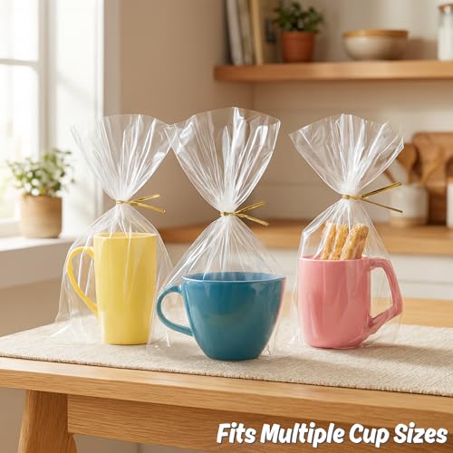 Image of Wowfit 50 CT 8x12 Inch Clear Flat Cellophane Treat Bags with 6 inch Gold Twist Ties, Cello Packaging for Mugs, Dessert, Muffins, Party Favors and Gift Wrapping