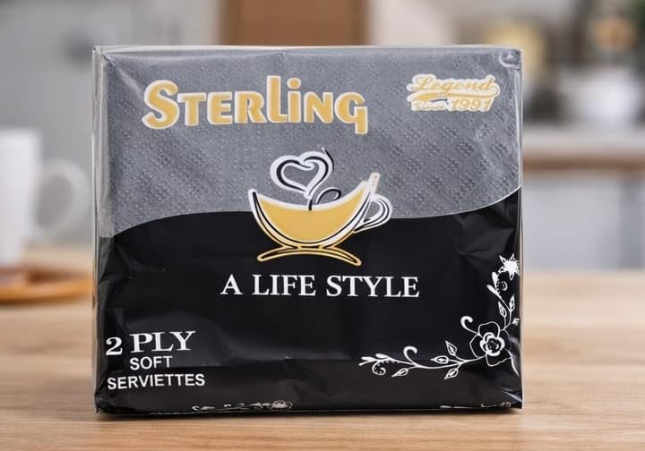 Sterling Elite 2 Ply Soft Tissue Serviettes, Black, Pack of 4, 100% Virgin Plantation Pulp, 27 cm x 30 cm, 45 Pcs 4