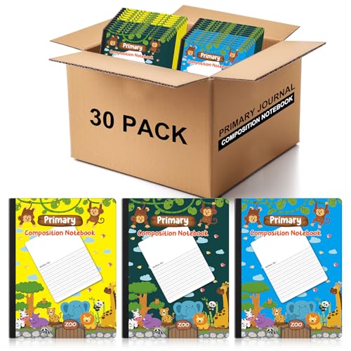 Dunzoom 30 Pack Primary Journal Grades K-2 Primary Composition Books 9.75" x 7.5" Pre-k Wide Ruled Writing Journal with Picture Space for Handwriting Drawing Story Notebook Student School Supplies