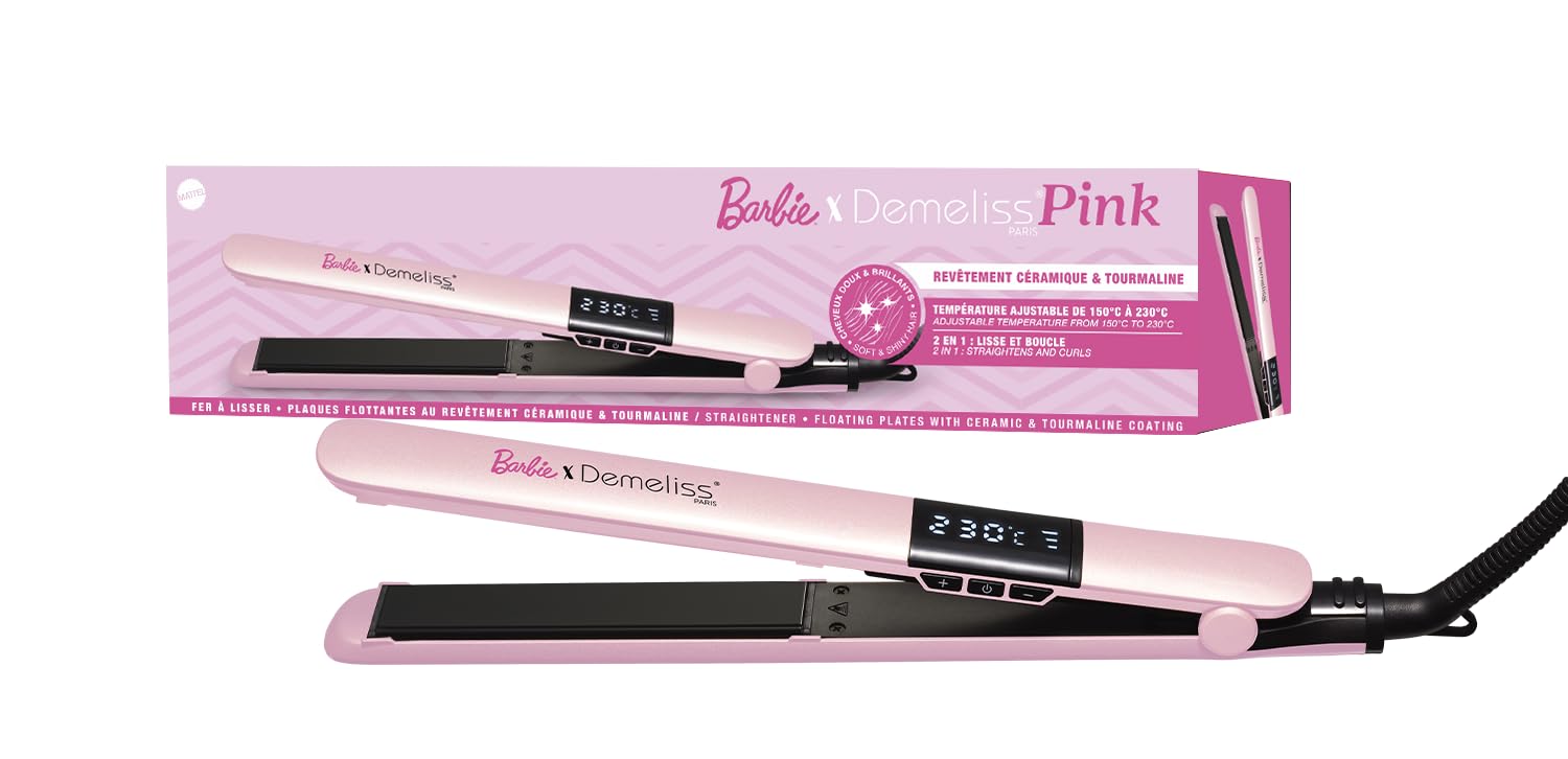 Demeliss Pink - Piastra 2 in 1 Barbie – Piastre sottili in ceramica tormalina infusa cheratina – Levigatura netta, riccioli rimbalzati – Temperatura regolabile da 150 a 230 °C – Design ergonomico