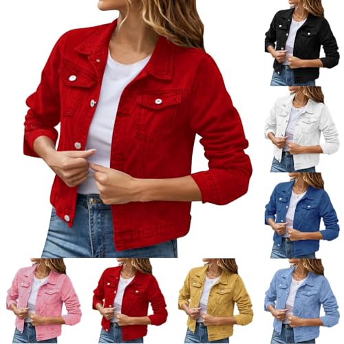 Sfascumop Womens Jean Jacket Red Classic Fitted Lapel Button Down Cropped Fashion Long Sleeve Coats 2026 Red M
