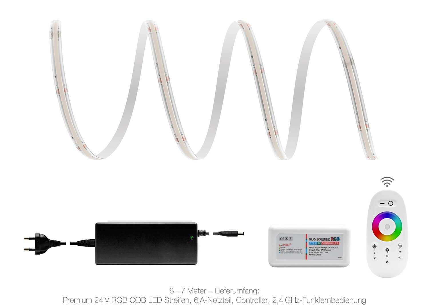 LED Universum Juego de tiras LED COB RGB con mando a distancia blanco, controlador y fuente de alimentación, filamento premium, 24 V, IP65, multicolor (7 metros)