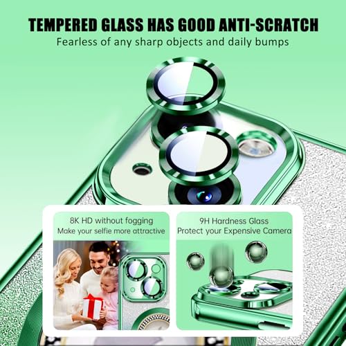 Image of Misscase for iPhone 14 Plus Magnetic Case Compatible with MagSafe,Full Protection Slim Shockproof Anti-Scratch Glitter Case with Camera Lens Protector Logo View Dust-Proof Net for Women Green