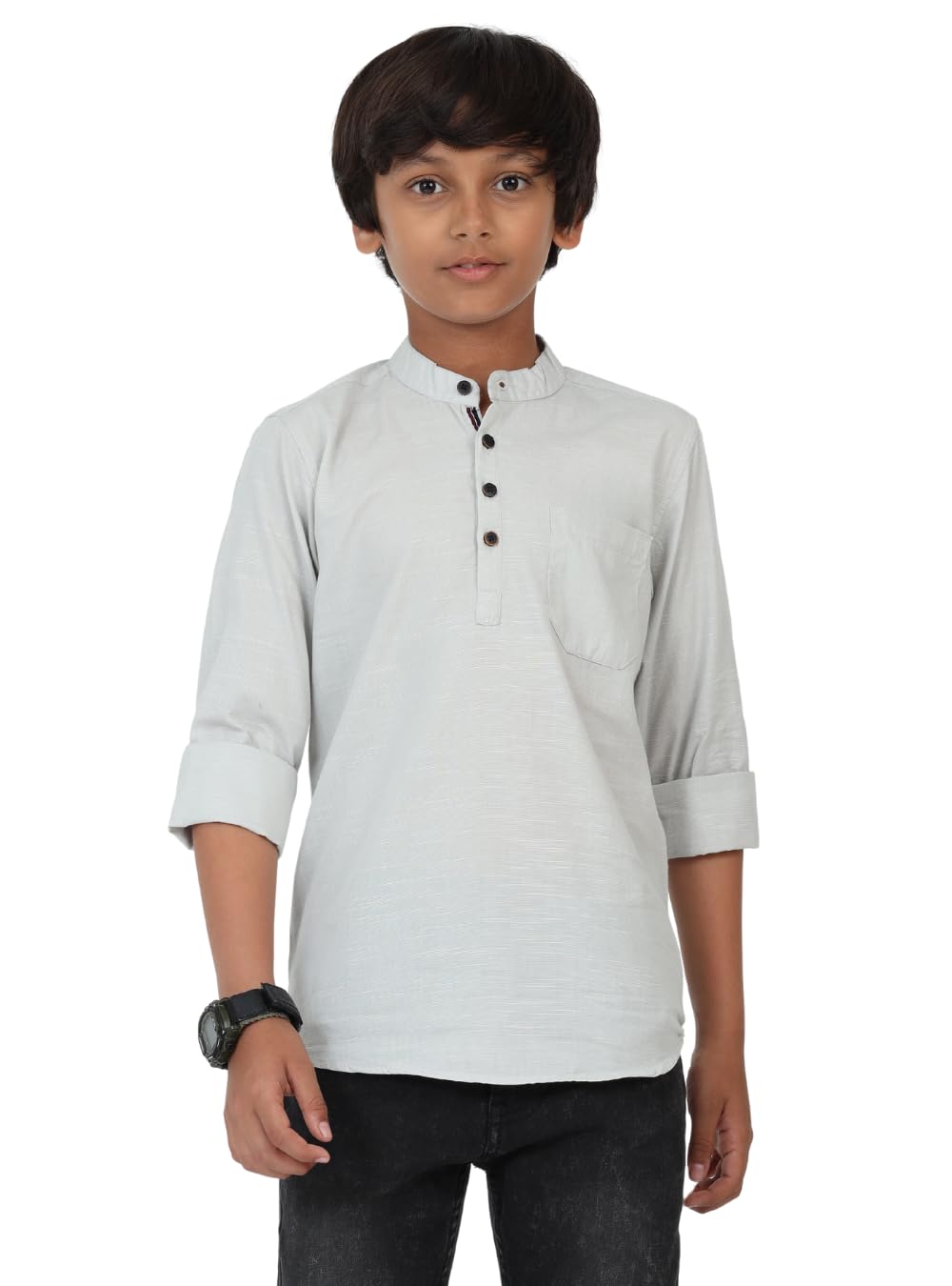 Rocket Science Red 9 Boy's Regular Fit Short Kurta | 100% Cotton Linen, Chinese Collar, Full Sleeves