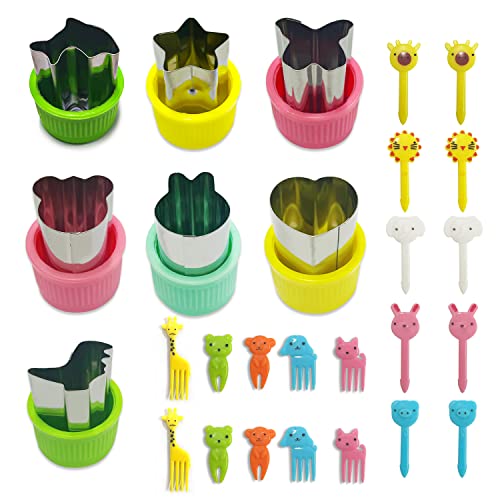 27 moldes galletas de acero inoxidable verduras y frutas para niños (delfin, dinosaurio, conejo, oso, amor, estrella, mariposa) con tenedor frutas animales, mango cómodo, extraíble, forma galleta