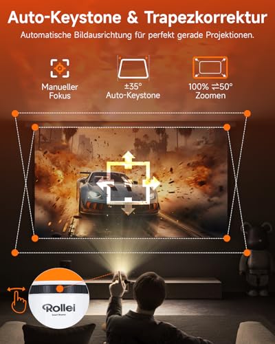 Rollei Smart Beamer 4K SB-502, Mini Projector Klein 4K Tragbar mit Auto Keystone 210° Drehbar Pojektor Heimkino Unterstützt Android 11/WiFi 6/BT 5.4 mit Leinwand, Beamer-4K-Mini-Projektor – Bild 7