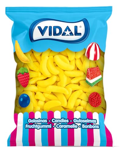 Vidal Golosinas. Bananas Gigantes Azúcar. Caramelo de goma en forma de plátano con cobertura de azúcar. Color amarillo. Sin gluten ni grasa. Bolsa 1 kg