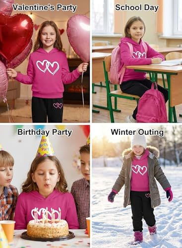 Image of Cute Girls Heart Print Sweatsuit - Casual Valentines Kids Clothes Long Hooded Sweatshirt Pants Fall Winter Outfits