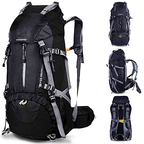 OCCIENTEC Wanderrucksack 50L,Herren Damen Wasserdichter Rucksack Trekkingrucksack 60L Reiserucksack Mit Regenabdeckung Für Wandern,Bergsteigen und Outdoor Sport (Schwarz1, 55+5) Cover