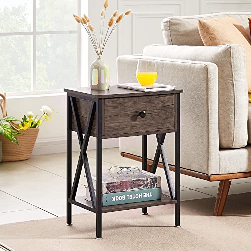 Image of VECELO Nightstand,Modern Bedside End Table, Night Stand with Drawer and Storage Shelf for Living Room Bedroom, Industrial Metal Frame