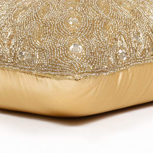 Hand Beaded Decorative Pillow Cover -16x16 Inch - Gold, Handwoven Pillow, Handmade by Skilled Artisans, A Beautiful and Elegant Accessory to Dress up Your Couch, Sofa and Bed - Only Cover - 2 Pack