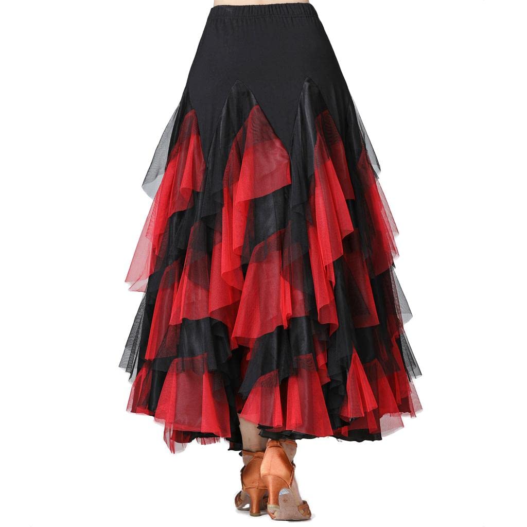 Oshhni Latein Tanzkleid Damen Tanzkostüm Mesh Patchwork Mehrlagiger Tüllrock Cha Cha Kleid Flamenco Skirt Milchseide Bund für Tanzkurs