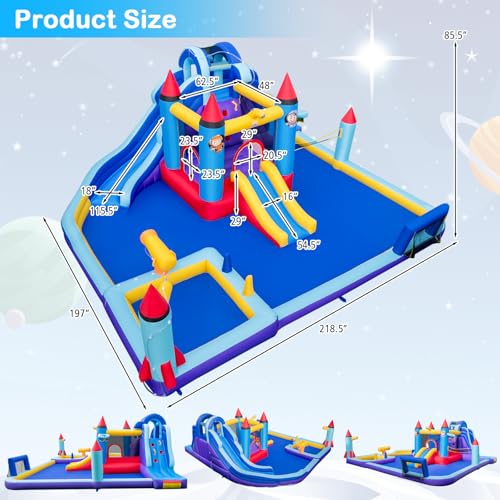 OLAKIDS Inflatable Water Slide, 10 in 1 Rocket Theme Bounce House Water Park with 2 Slides Splash Pool Volleyball Soccer Gate, Outdoor Inflatable Obstacle Course for Kids Backyard (Without 950W) - Thumbnail 7