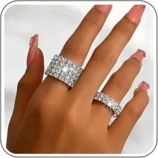 2Pcs Gold Crystal Stretch Rings Set for Women Bling Rhinestone Elastic Knuckle Ring Sparkly