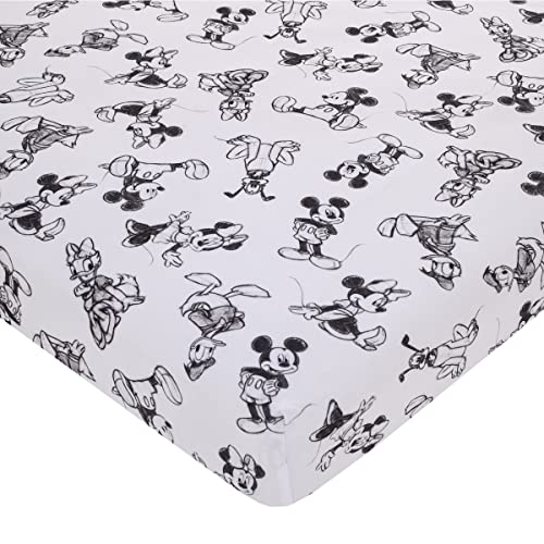 Image of Disney Mickey Mouse - Charcoal, Black and White Mickey and Friends, Minnie Mouse, Donald Duck and Pluto Nursery Polyester Fitted Mini Crib Sheet