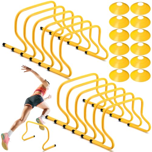 Gemscream 12 Pieces 12 Inch Agility Hurdles and Marker Cone Set Disc Cones Speed and Agility Training Equipment Speed Hurdles for Athletes Sports Soccer Football Tennis Basketball Practice (Yellow)