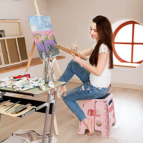 Image of Flottian 13 inch Folding Step Stool for Adults and Kids Holds Up to 300 lbs,Non-Slip Folding Stools with Handle, Compact Plastic Foldable Step Stool for Bathroom,Bedroom, Kitchen,Sakura Pink,1PC