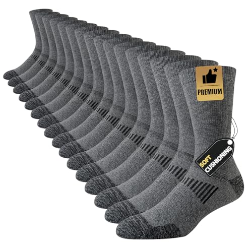 JOYNE 8 Pairs Mens Casual Breathable Crew Athletic Calf Socks Long Cushion Work Socks for Workout Sports Grey Large Sock Size:10-13
