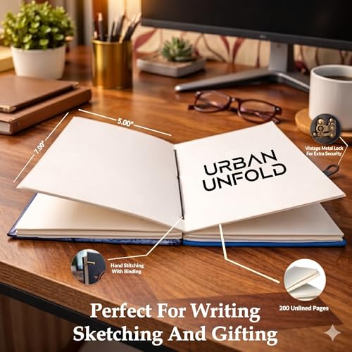 Image of URBAN UNFOLD Aesthetic Handmade Digital Printed Diary with Vintage Metal Lock | A5 Size (7x5 Inch) Hardcover Journal | 200 Unruled Blank Pages | Hand-Stitched Premium Personal Notebook for Writing, Sketching & Gifting (Mystical Red Moon Girl Artwork)