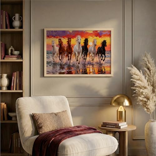 Image of Suneree 7 Horse Painting Vastu for Home - Running Horses Wall Art Framed Landscape | Seven Horses Wall Painting for Living Room Decor (Natural, Design 01, 10x13 Inch)