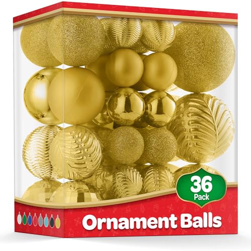 Christmas Ornaments Set of 36 - Beautiful [Gold] Christmas Tree Decorations Ornaments Set - 6 Style Christmas Ball Ornaments - Shatterproof/Pre-Strung - for Holiday/Party/Decorations/DIY