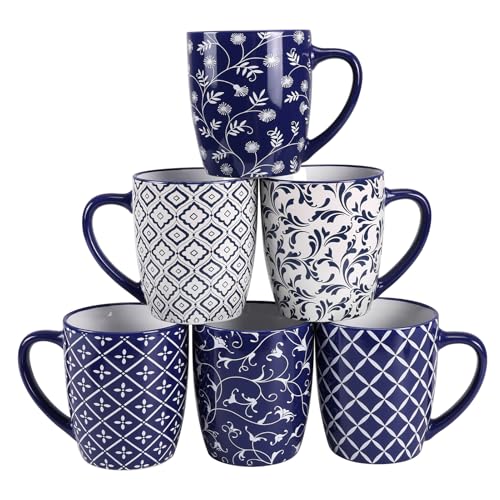 Opiniones de Juegos de tazas grandes los preferidos por los clientes. 41 Schliersee - Juego de 6 tazas de café grandes de 18 onzas, taza de cerámica para hombre y mujer, taza de porcelana floral geométrica azul blanca para café con leche, té...