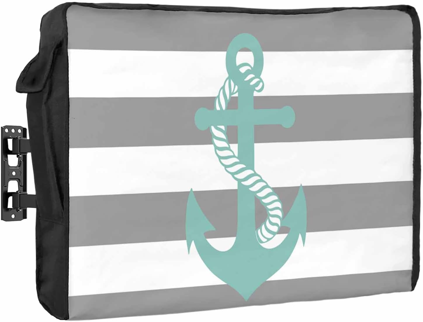 Outdoor TV Cover 85 Inch Teal Anchor TV Enclosure Grey Stripes TV Covers for Outside TV Display Screen Protector with Remote Control Pocket Home Decor