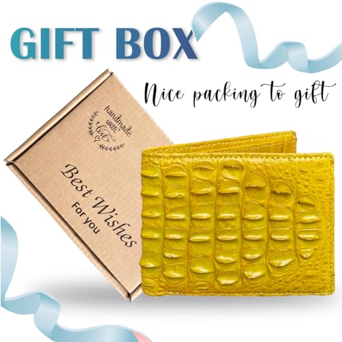 Image of Yellow Luxury Exotic Bifold Leather Wallet Men with Flip Out ID Window, Holder Credit Card, RFID Blocking, Leather Double Side Textured Gift Birthday, Wedding, Anniversary, Father's Day VINAM-108