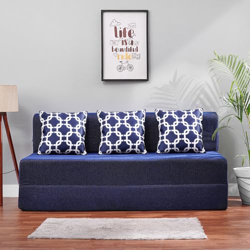 Image of Convertible Fabric Sofa Cum Bed | Foldable Double Foam & Washable Cover with Cushions | Modern Design Use Living Room & Guest Room (Moshi-Blue-Multi-Chain, 5X6 Ft)