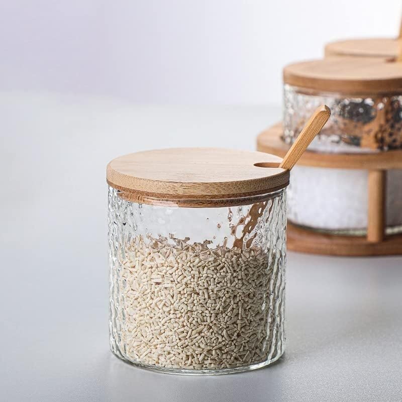 Pots d'assaisonnement, boîte à épices, coffret d'assaisonnement en verre, maison, cuisine, salière, stockage de bouteilles, pots à condiments, gadget, poivre, couvercle en bois, cuillère, pots à épice