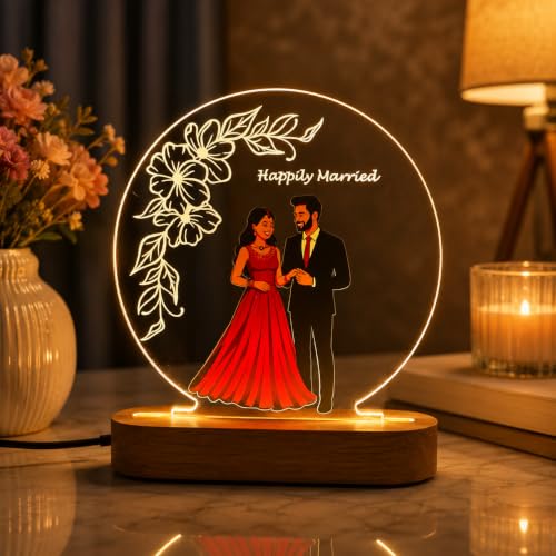 Image of Personalized Couple Photo Acrylic LED Lamp | Custom Romantic Night Light with Floral Artwork & Wooden Base | Anniversary, Wedding, Engagement, Valentine's Day Gift (Design 2)