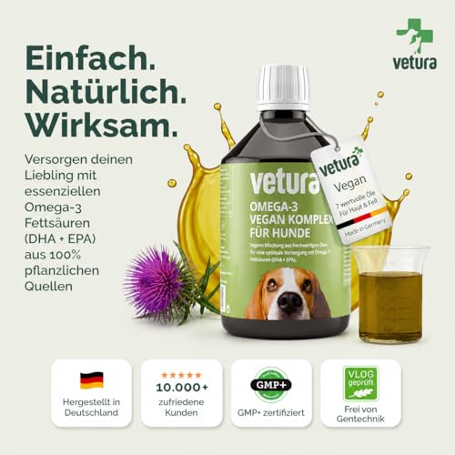 Vetura Omega-3 Öl Hund vegan 500ml - Leinöl, Algenöl & DHA für Haut & Fell