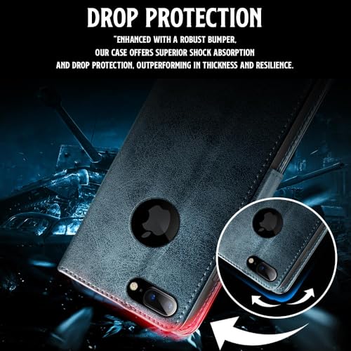 Image of WOW IMAGINE Shock Proof Flip Cover Back Case for Apple iPhone 7 Plus | 8 Plus (Designer Magnetic Button Flip Case | Inbuilt Wallet Pockets & Stand | Leather Finish | Oxford Blue)