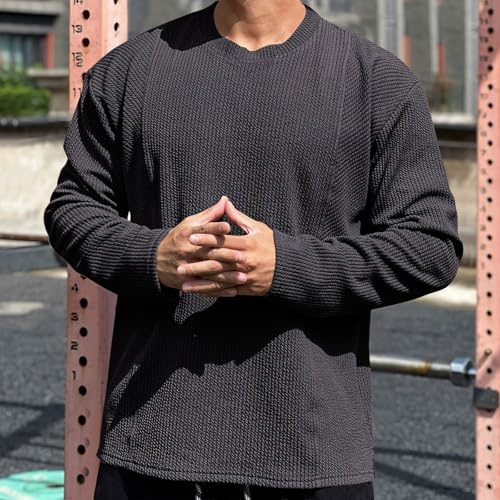 Men's Long Sleeve Shirts Ribbed Pullover Shirt Losse Fit Thermal Tops Crew Neck Stretchy Shirts Comfy Outdoor Shirt2