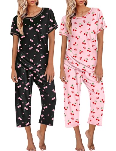 Image of Ekouaer 2 Pack Womens Pajamas Sets Short Sleeve Tops and Capri Pants Pjs Colorful Printed Sleepwear Sets
