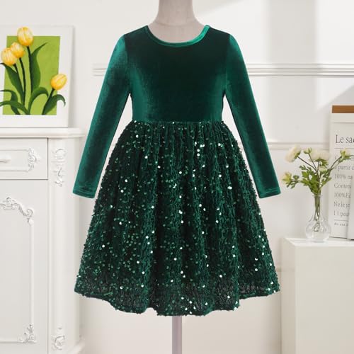IDOPIP Sequin Velvet Dress for Girls Toddler Baby Long Sleeve Fall Dresses Princess Christmas Birthday Party Sparkly Dresses3