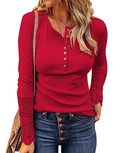 Image of Kancystore Women's Fall Long Sleeve Tops Lace V Neck Button Down Henley Shirts Tunic Blouses
