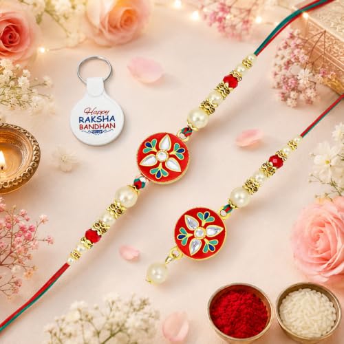 Image of Riddhika Ventures Elegant Traditional Gold Plated Bhaiya Bhabhi Rakhi Set with Roli Chawal and Greeting Card || Traditional Rakhi Set of 2 & Festive Gift
