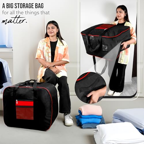 Image of Storite Moisture Proof Nylon Large Size Underbed Storage Bag for Clothes with Net Pocket & Front transparent pocket for note (54 x 46 x 28 cm) - Red Black, Rectangular