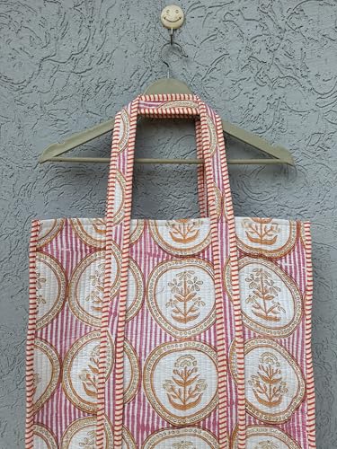 Image of Quilted Cotton Handprinted Reversible Large multicolor Floral Tote Bag,Hand Block Print Shopping Shoulder Carry Bag