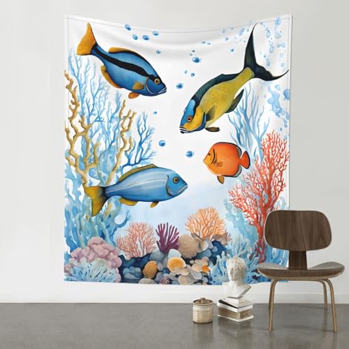 JAYWIS Colorfish in the sea – Tapisserie murale imprimée 152,4 x 139,7 cm – Tissu doux pour décoration de chambre à coucher et salon | Comprend des crochets | Grande tenture murale bohème