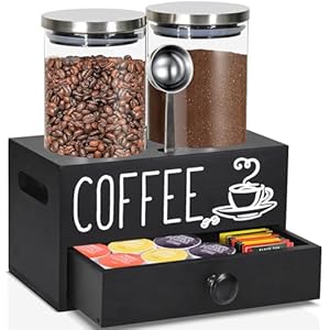 Glass Coffee Containers with Shelf, Coffee Bean Storage Container with Airtight Lids, Coffee Container for Ground Coffee, Coffee Bar Accessories Organizer with Drawer, Food Storage Jars for Kitchen