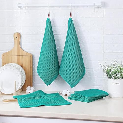 Image of Kitchen Cotton Lint Free Waffle Weave Hand Towels, Quick Drying Dish Cloths, Highly Absorbent Dish Rags Tea Towels Set with Hanging Loop, 13.4 inchx 13.4 inch (Teal Blue, Pack of 6)