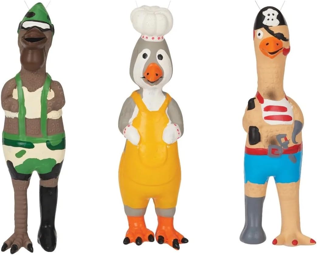 PUREPET Rubber Chicken Dog Toys Fun Colorful Squishy Soft Bouncy Latex Squeaker Choose Character or Set (Full Set - All 3 Toys)