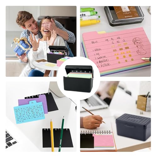 Karteikasten Schwarz, 14,5 x 8 x 9 cm Lernkarteibox, Karteibox Lernbox Set, Lernkarten Box für Unterwegs, 230 Karteikarten Bunt Liniert, 15 Register, 6 Ringen, 6 Aufkleber, für Notizen Schulsachen