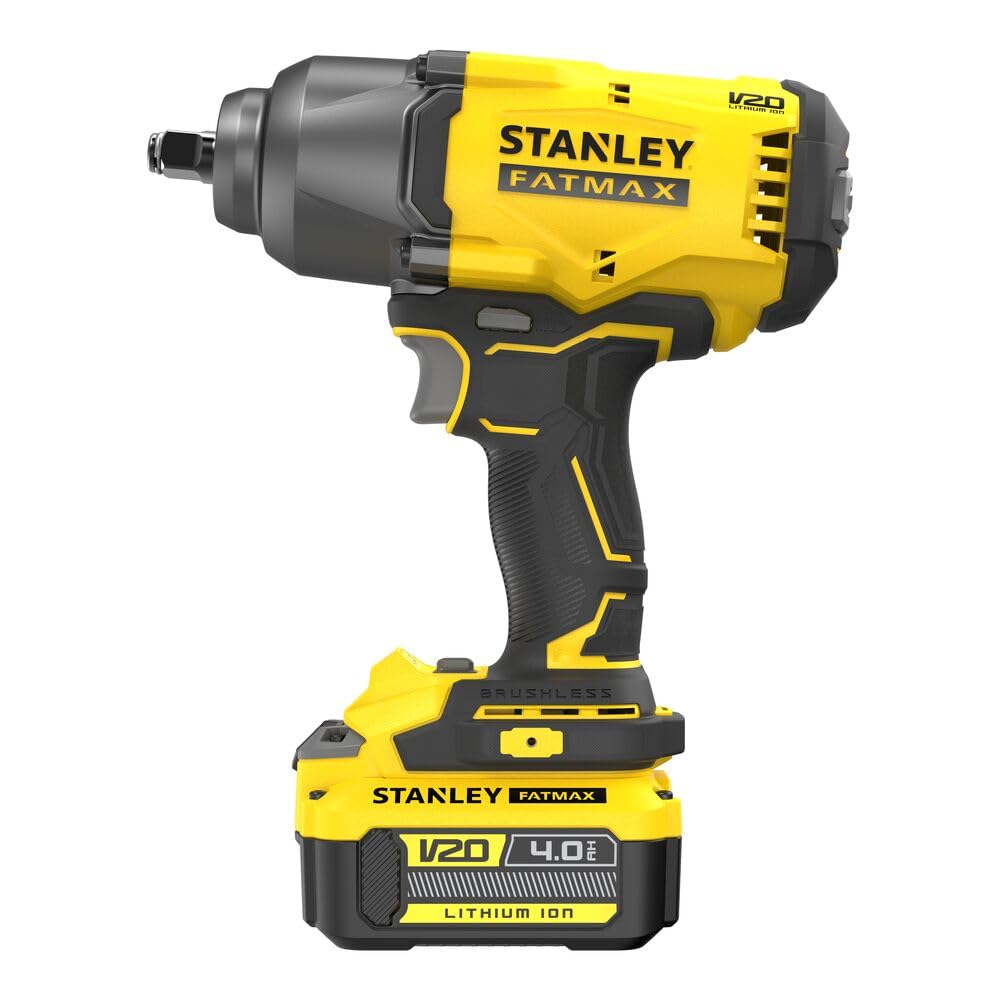 Stanley - Llave de Impacto BRUSHLESS V20 Li-ION 18V 1/2" 949Nm, velocidad 0-400/1.200/2.000 RPM, impactos 0-2.600 ipm. Incluye 1 batería Li-ION 4Ah, cargador 2A y maletín para profesionales y manitas