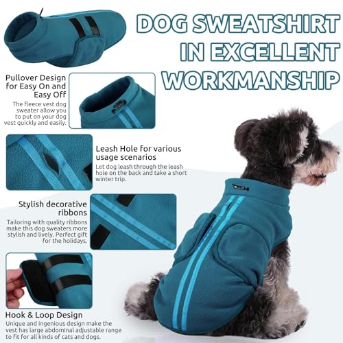 PUZAUKAL Hundepullover Fleece Weste Hundemäntel Winter Warmer Hundeweste für Kleine Hunde Weicher Fleece Hundejacke mit Geschirr Pullover für Mittel Großen Hund Katze-Pfauenblau(M)
